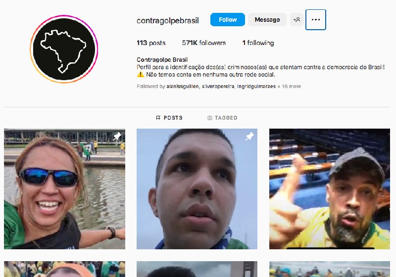 No perfil que exibe o rosto dos golpistas, seguidores fazem denúncias e comentários - Foto: reprodução