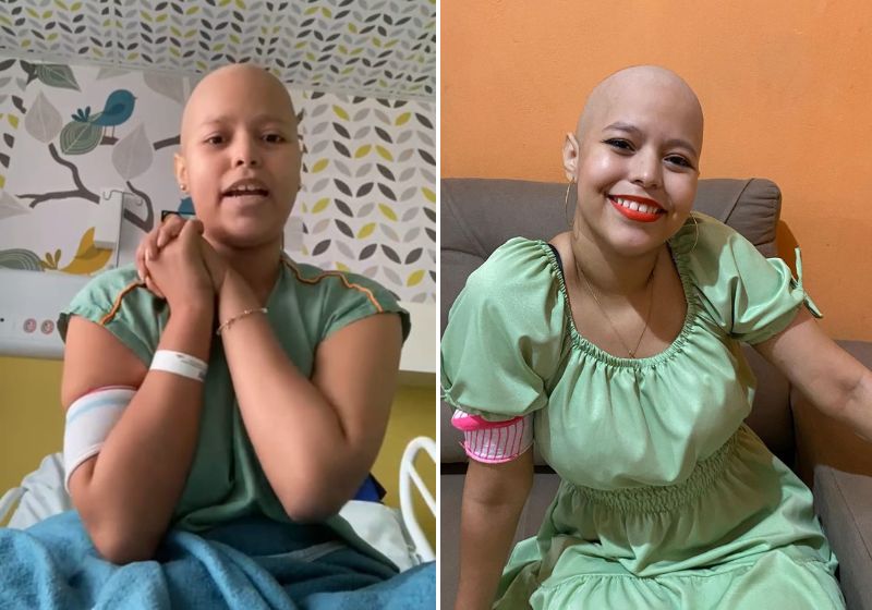 Apesar das dificuldades, Maria Clara continua com sorriso largo e cheia de esperança A jovem, que enfrenta o câncer há 3 anos sonha com uma prótese. Fotos: Reprodução/Redes Sociais