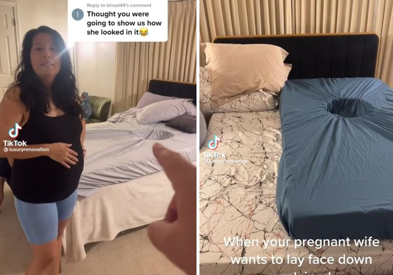 O homem ganhou o apelido de 'Marido do Ano' pelos internautas e a boa ideia do colchão com buraco para grávidas vai virar negócio - Fotos: Reprodução/Vídeo