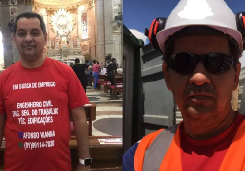 Vestido com a camiseta pedindo emprego, o engenheiro procura trabalho em qualquer lugar do Brasil, você pode ajudá-lo? Compartilhe! - Foto: Arquivo Pessoal