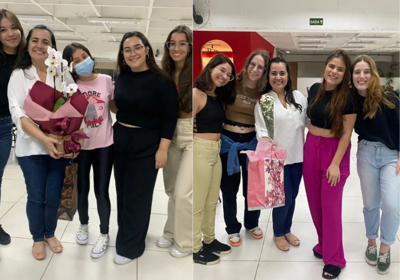 Patrícia Linares, a universitária discriminada pela idade, segura as flores presenteadas por colegas que resolveram prestar homenagem a ela. — Foto: Arquivo Pessoal