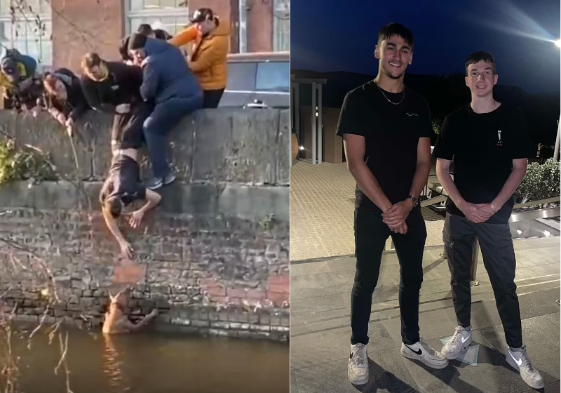 Os estudantes retiram o cão, que caiu em um canal de lama. - Foto: reprodução