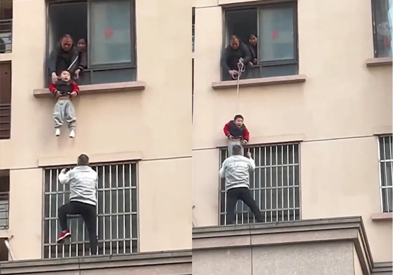 Um homem escala um prédio inteiro e salva o menino, que estava no parapeito do edifício. - Foto: reprodução