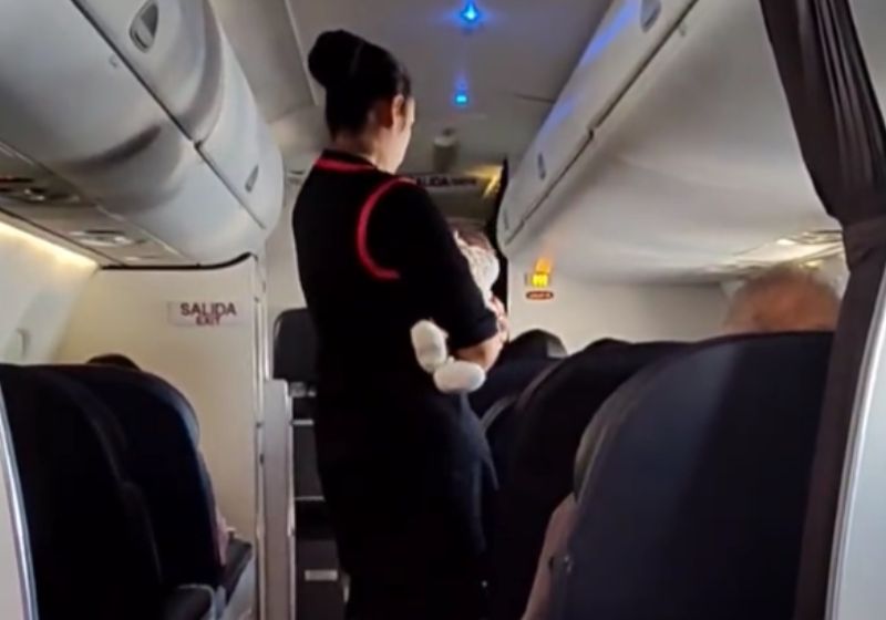 Gesto da comissária segurando o bebê da mãe passageira viralizou e comoveu a internet. Foto: Reprodução/@mapo_portillo/Twitter.