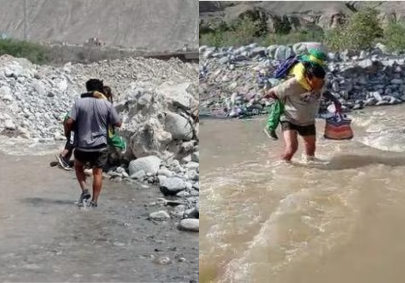 São 10 anos de sala de aula e o professor Ángel literalmente carrega os alunos nas costas para que atravessem o rio e cheguem à escola para estudar - Fotos: Reprodução/Diário Correo.