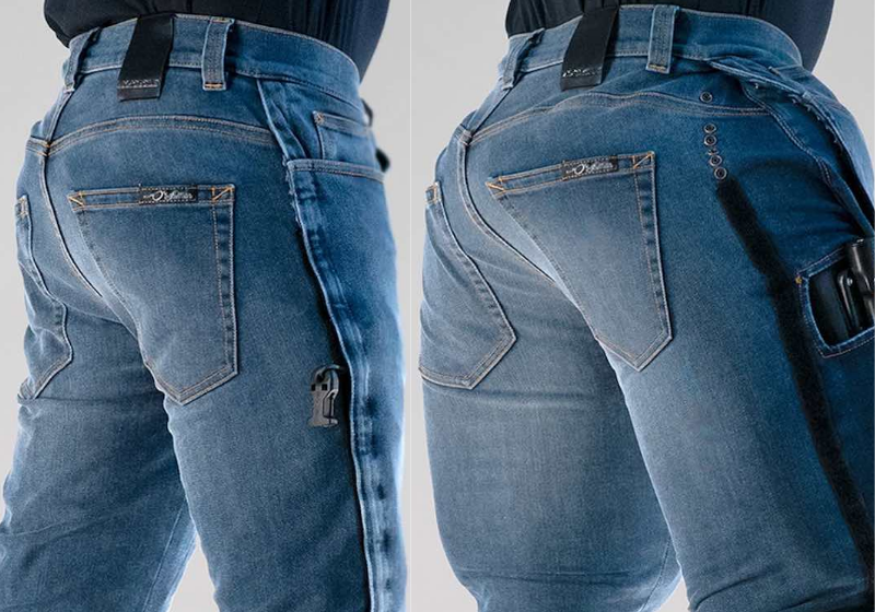 A calça jeans possui um sistema de airbag, que protege o motorista de impactos como a queda. - Foto: SWINS
