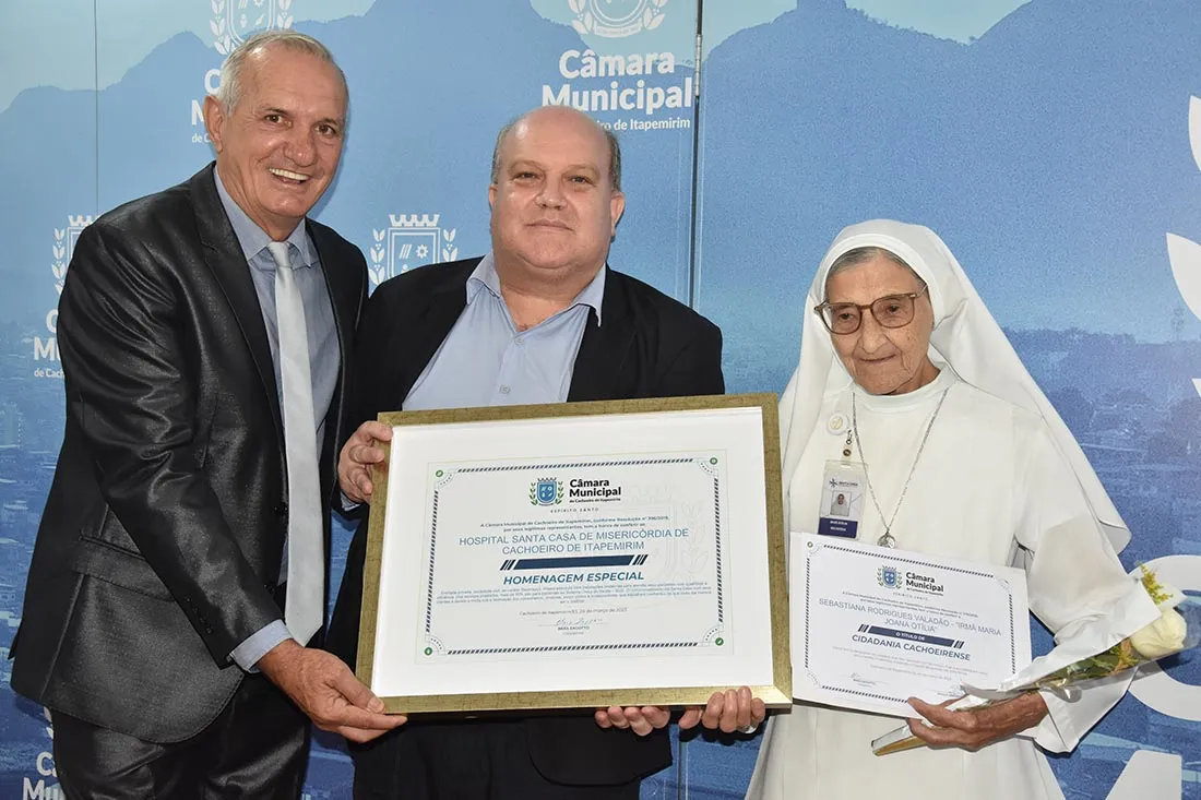 Tanta devoção rendeu a Irmã Otília homenagens na Câmara Municipal de Cachoeiro de Itapemirim: ela foi reconhecida como Cidadã Cachoeirense. Foto: Reprodução/Santa Casa de Cachoeiro de Itapemirim.