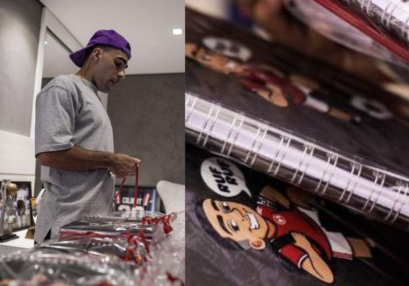 A capa do material escolar distribuída pelo jogador continha um desenho de si com a frase "Ruf Ruf", modo caloroso como a torcida do Internacional costuma se referir a Gabriel. Foto: Reprodução/@gabriel/Instagram.