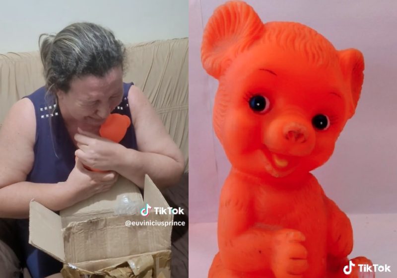 O ursinho laranja era o único brinquedo da mãe na infância pobre e terminou queimado por um irmão dela. O filho soube disso e preparou esta surpresa 40 anos depois - Fotos: reprodução / TikTok