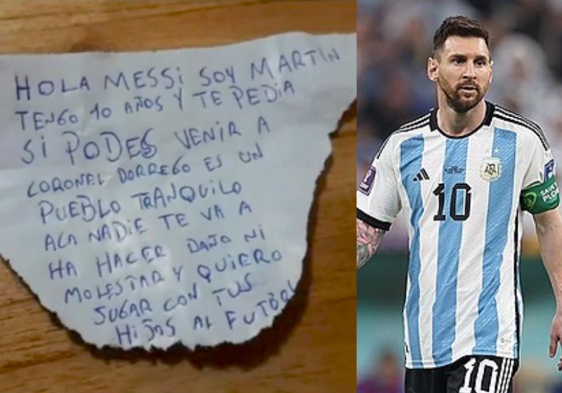 O menino mandou o bilhete para Messi depois que o jogador argentino foi ameaçado, após tiroteio no supermercado da família - Fotos: reprodução / Twitter / América Tv