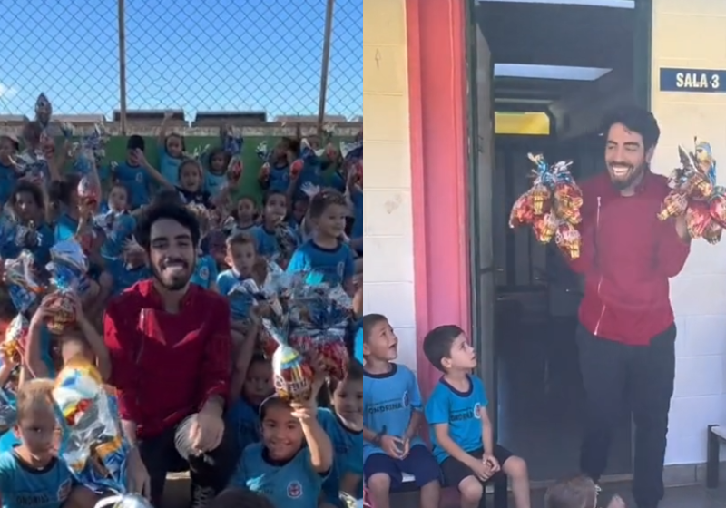 O confeiteiro Julio Cepe, famosos nas redes sociais por dar dicas de confeitaria, doou 500 ovos para crianças carentes da escola em que ele estudou! Foto: Reprodução/@cepejulio/TikTok.