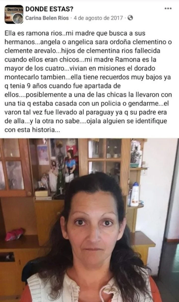 O post que Carina Belen Rios, filha de Ramona, fez no Facebook e que ajudou a mãe a reencontrar seus parentes. Foto: Reprodução/Carina Belen Rios/Facebook.
