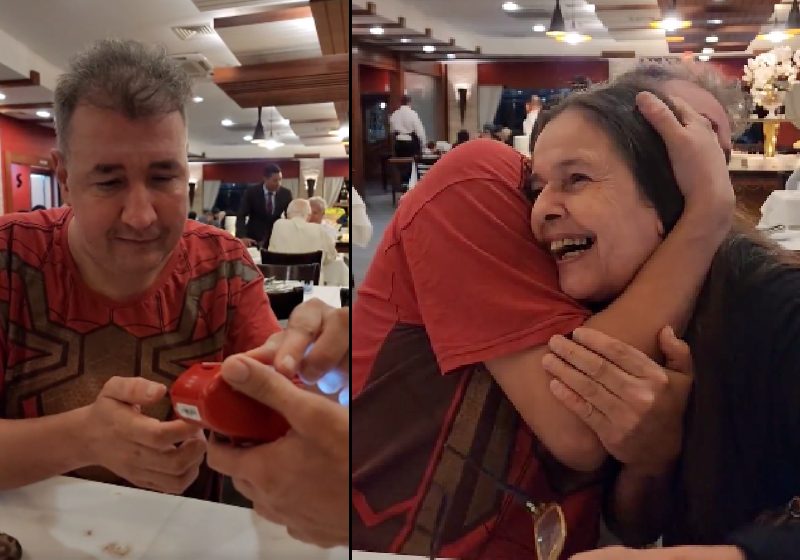 A emoção da mãe e do filho autista ao usar o primeiro salário para pagar um almoço para ela - Fotos: reprodução / Twitter
