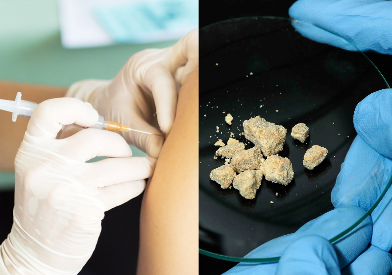 Ao tratar o vício de dependentes químicos, a vacina brasileira da UFMG foi indicada ao Prêmio Euro na categoria Inovação em Saúde. Foto: Reprodução/Foca Lisbo (UFMG) e Getty Images.