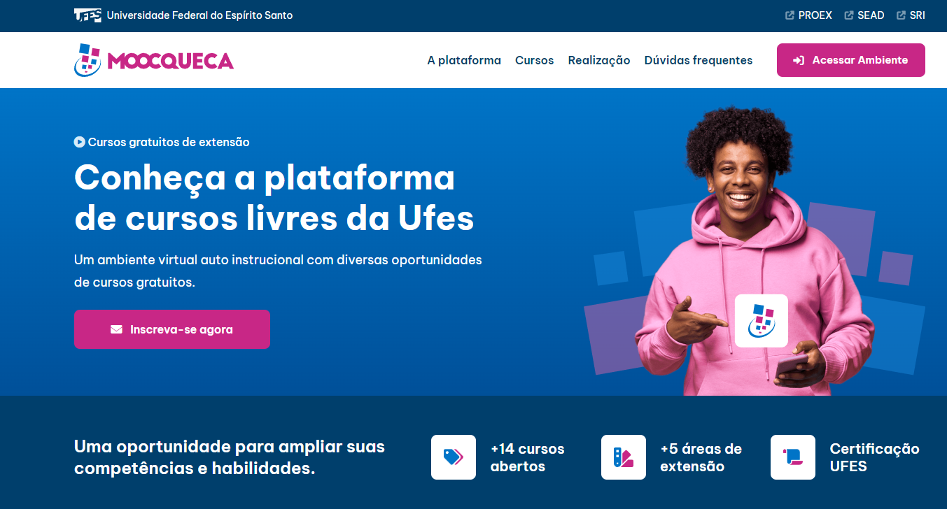 A Plataforma Moocqueca Ufes é bem didática e de fácil uso para o usuário. As inscrições são feitos pelo site! Foto: Reprodução/Moocqueca Ufes.