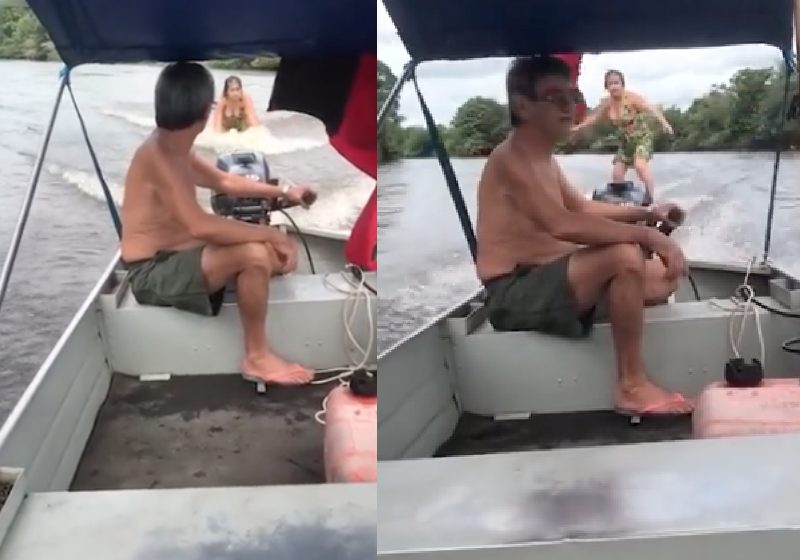 A idosa Maria Lúcia surfa na prancha improvisada amarrada a um barco num rio do Pará - Fotos: reprodução / Twitter