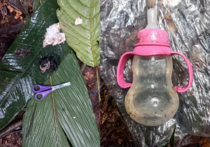 Mamadeira usada para alimentar o bebê e uma tesoura, foram algumas das pistas achadas na trilha deixada pelas crianças perdidas após o acidente aéreo na floresta amazônica - . Foto: Reprodução/Forças Armadas Colombianas.