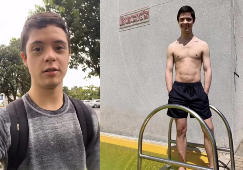 Nas redes sociais, João Vitor, o rapaz universitário com síndrome de Down, posta vídeos fazendo diversos esportes, como natação, futebol e luta! Foto: Reprodução/@jvdepavai/TikTok.