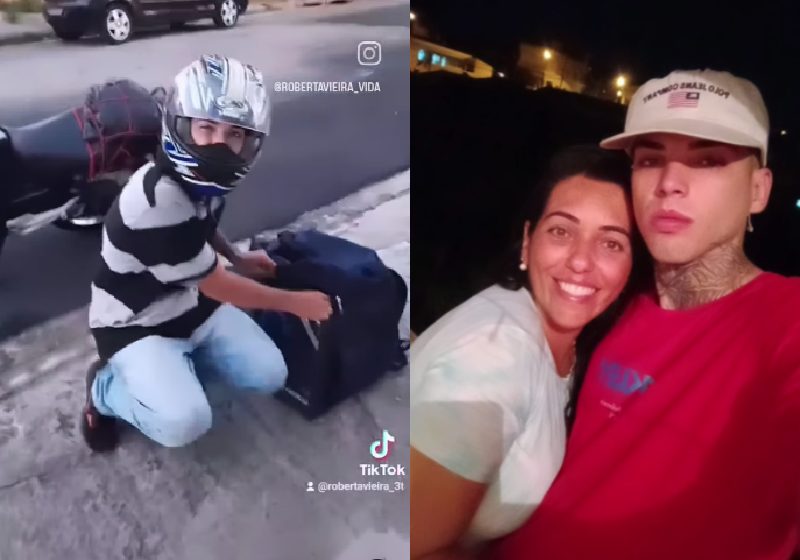 A mãe Roberta, que quase perdeu o filho em 2021, quis ser a primeira cliente dele no 1º dia de trabalho como entregador e emocionou a todos - Fotos: reprodução / TikTok