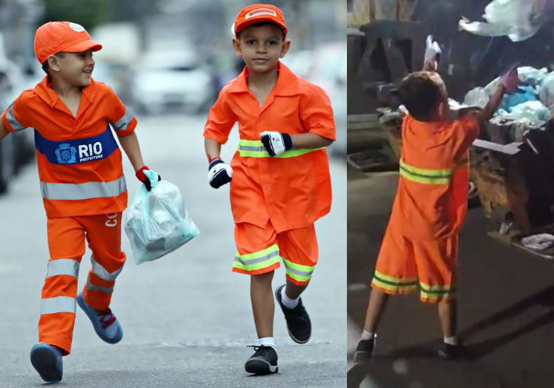 Durante o "trabalho", os dois irmãos se divertem bastante e chamar a atenção dos moradores, que despertam para uma maior atenção na hora da coleta seletiva. Foto: Reprodução/(Agência O Globo).