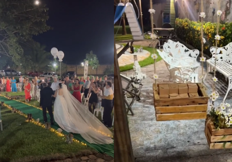 Uma família inteira se uniu para fazer, do zero, a festa de casamento para os noivos, que estavam sem dinheiro para um buffet completo. E ficou lindo! - Foto: Reprodução/@iule.maranha/Tik Tok.