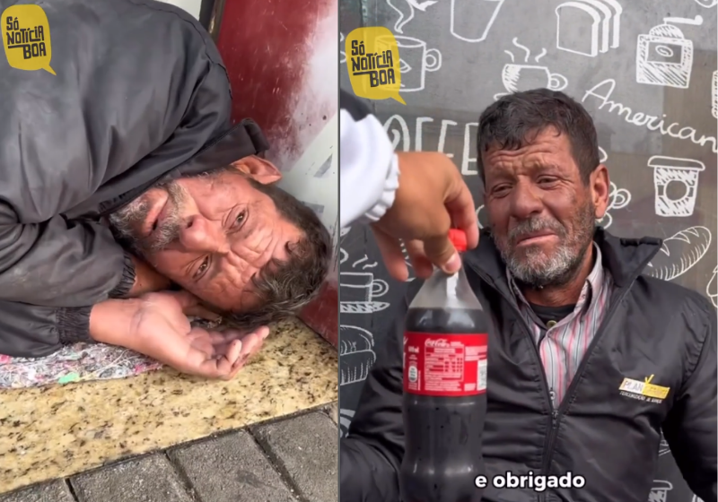 O desconhecido matou a fome do homem que estava dormindo na rua. O vídeo é emocionante! - Foto: reprodução redes sociais