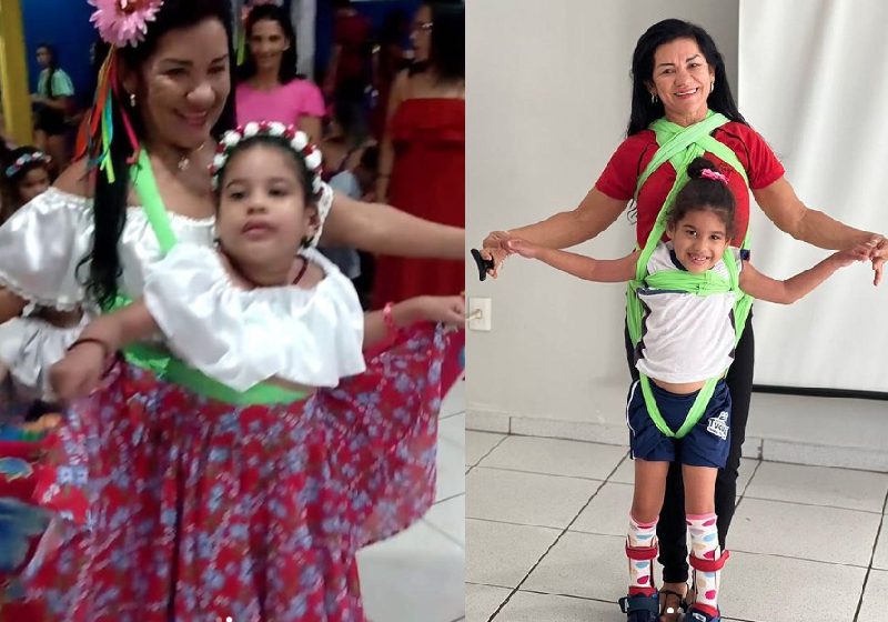 A professora Nila Arnaud adaptou o vestido de festa junina especialmente para que a aluna com deficiência pudesse dançar e se divertir. - Fotos: reprodução / Instagram @nilaarnaud