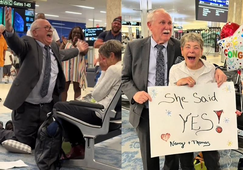 O idoso deixou a todos emocionados quando pediu sua ex-namorada em casamento no aeroporto. Foto: Reprodução/@adayamilavila/Tik Tok.
