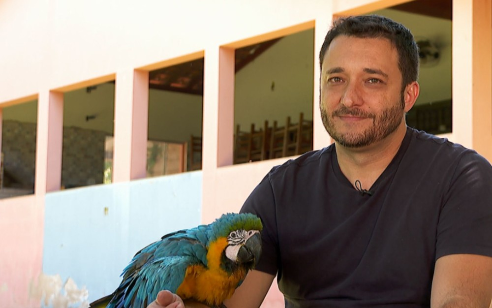 Samuel também já fez amizade com uma arara. Ele resgata animais silvestres desde 2012. Foto: Reprodução/Chicho Escolano (EPTV).