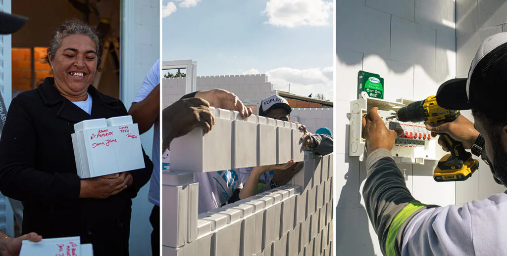 As estruturas se encaixam como se fossem blocos de lego, proporcionando rapidez na montagem da residência. Foto: Reprodução/TETO Brasil.