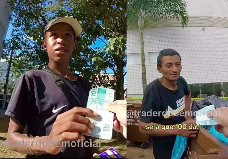 Um vendedor de balas e um catador de recicláveis são surpreendidos pelo investidor que distribui dinheiro nas ruas - Fotos: reprodução / Instagram / @tradedobem