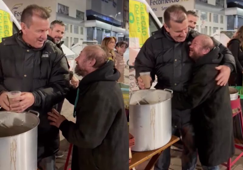 Dunga estava servindo sopa no copinho quando foi reconhecido pelo morador em situação de rua, em Porto Alegre - Fotos: reprodução / Instagram @selecaodobem8