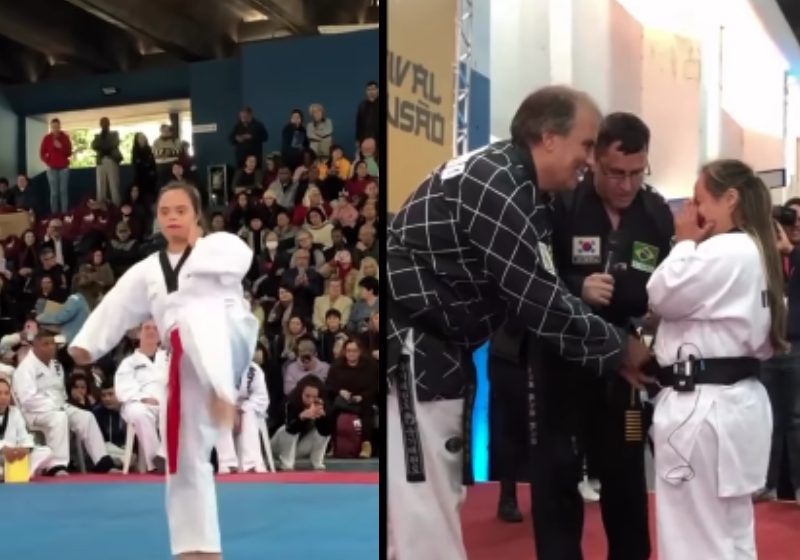 Mônica dos Santos Rocha, de 28 anos, é a primeira mulher brasileira com Down a receber a faixa no taekwondo - Fotos: reprodução / Instagram