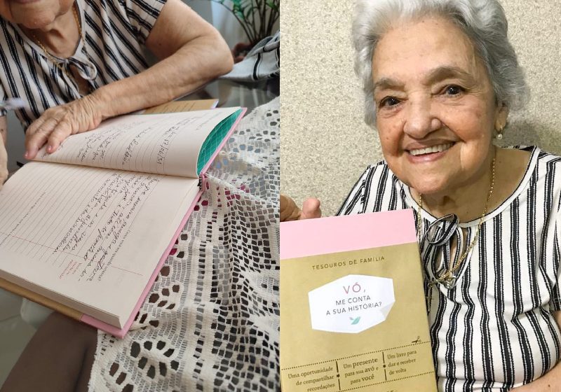 Dona Zuleide Dória, a idosa de 92 anos, mostra com orgulho o livro que escreveu à mão - Fotos: reprodução /AloAloBahia