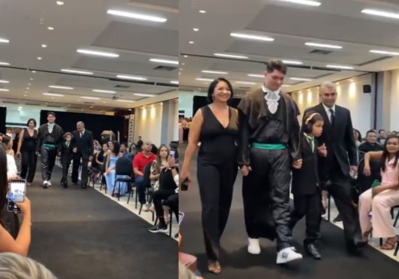 Alexander não segurou a emoção de ver o irmão dele, autista com sensibilidade sonora, entrando com a família na formatura. - Foto: reprodução redes sociais