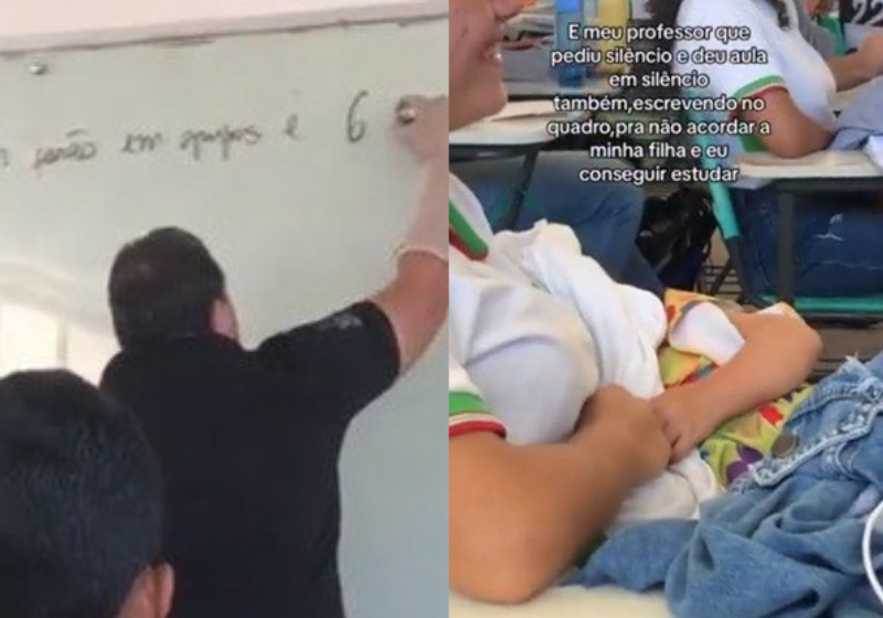 O professor deu uma aula inteira sem falar somente para não acordar o bebê de uma aluna. - Foto: reprodução Redes sociais