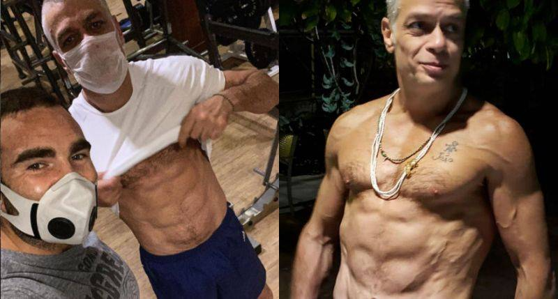 Chico Machado foi o personal responsável por ajudar Fábio a atingir a meta. Foto: Reprodução/@fabioassuncaooficial. (Montagem Eurio.com).