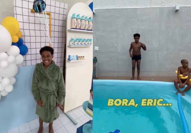 A festa do chuveiro terminou na piscina e depois de muita insistência dos amigos, o menino Eric deu o tibum. - Fotos: reprodução / ITikTok