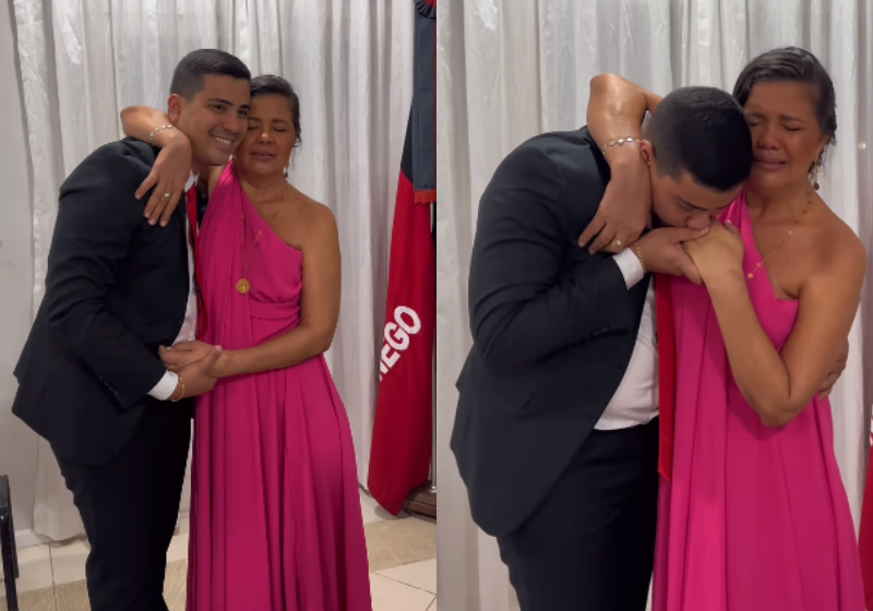 O filho realiza o sonho de ter a mãe em pé, do lado dele, durante a formatura no curso de Direito. - Foto: reprodução redes sociais