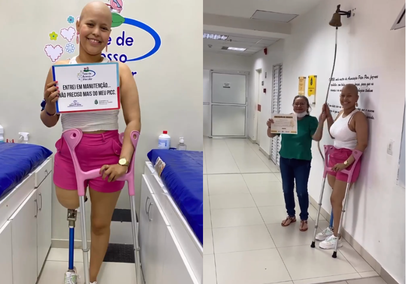 A jovem enfrentava um câncer raro na perna e agora está radiante com a cura. - Foto: reprodução redes sociais