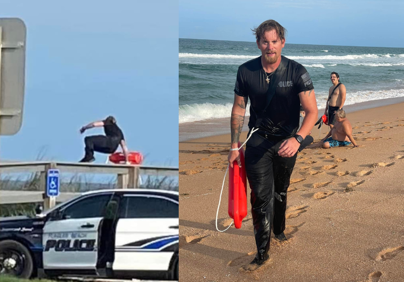 Em ação muito rápida, o policial salva duas pessoas que se afogavam na praia, enquanto ele voltava do serviço para casa. Verdadeiro herói! - Foto: Reprodução/Departamento de Polícia de Flagler Beach.