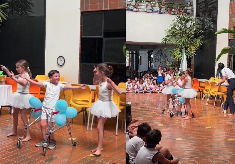 Viva a inclusão! O sorriso do Arthur Dib, um garoto com deficiência, dançando com as coleguinhas Cecília e Manuela na escola emocionou a todos. - Fotos: reprodução Instagram @escolamariamontessori