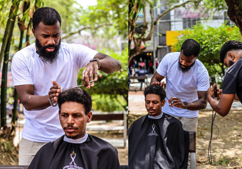 O barbeiro teve a ideia de oferecer cortes gratuitos nas ruas depois de dar cursos para jovens. Foto: Reprodução/Vilsana Almeida (Nossa Metrópole).