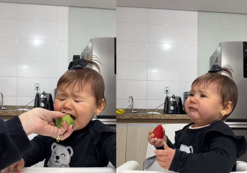 A bebê fez várias caretas ao provar as frutas azedas. A internet se divertiu! Foto: reprodução/@draemillyrodrigues/TikTok.