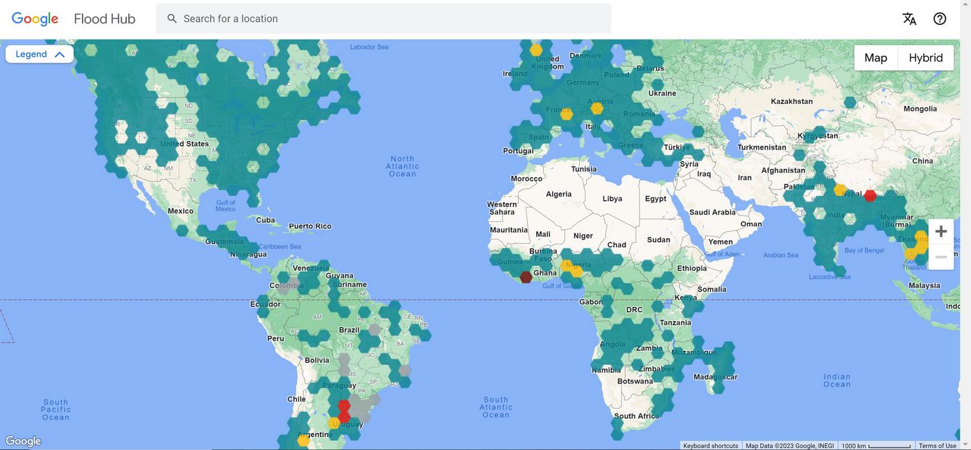 Captura de tela da página inicial do Flood Hub, a ferramenta do Google que alerta sobre enchentes com antecedência - Foto: reprodução / GNN