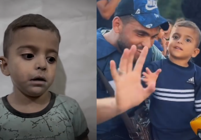 As imagens do menino palestino apavorado, abraçando o médico, viralizaram, mas agora o garotinho está em segurança e voltou a sorrir. - Fotos: Reprodução/Abdallah_allatar1999/Instagram.