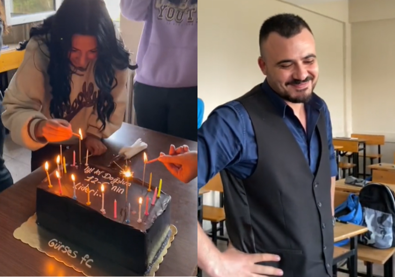 Para enganar o professor, alunos fingem briga e fazem uma surpresa com um bolo de aniversário. Reprodução/ tiktok @ruyabrn