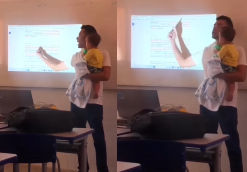 O professor, com carinho, segura o bebê da aluna, e mostra apoio e compreensão diante da jornada da maternidade na adolescência. Foto: Reprodução/Instagram @jailson_fernandes