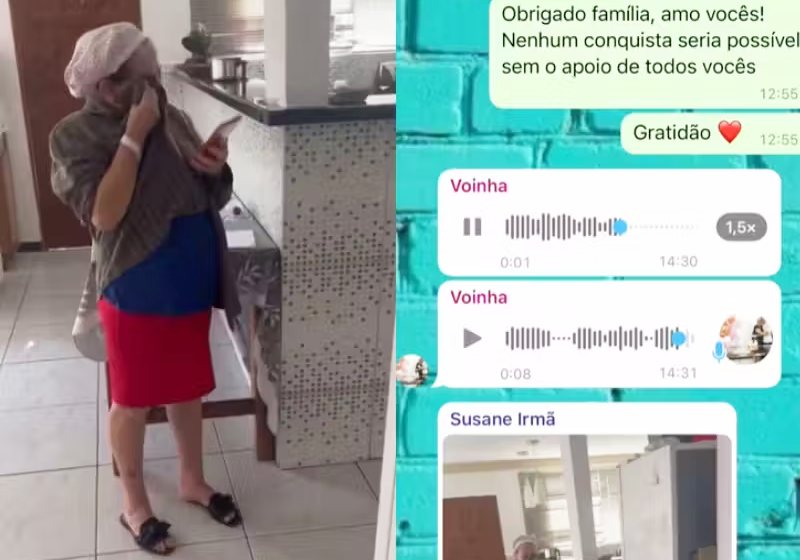 A dona Santa, de 74 anos, ficou emocionadíssima e chorou ao ver no grupo da família no WhatsApp que o neto foi aprovado no TCC e vai ser dentista. - Foto: Reprodução / Instagram @vaibruno