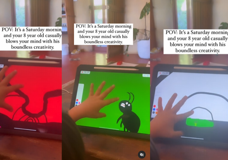 O mini-pintor de 8 anos arrasou criando vários desenhos dentro de uma mesma obra de arte infinita. - Foto: Reprodução/Instagram/amy.lou__.